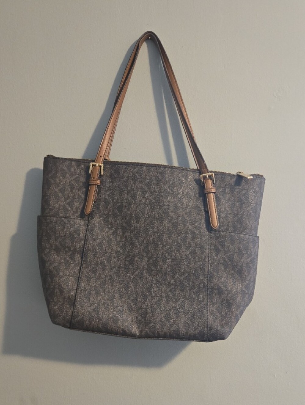 Michael Kors Dark Brown MK Signature Tote with Gold Charm - Picture 2 of 4